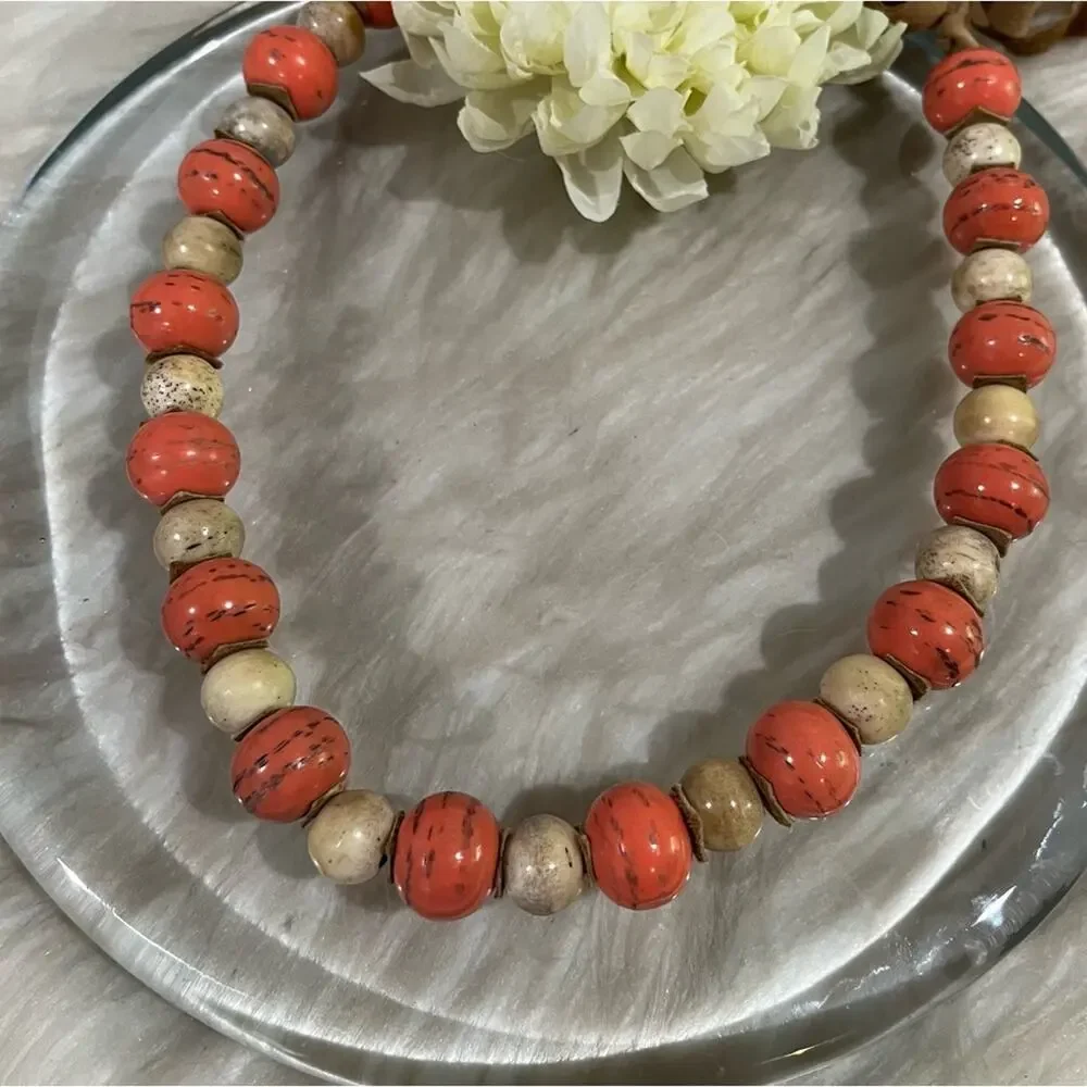 NEW Sundance Vintage Bohemian Glazed Stone Suede Coral Sunset Statement Necklace